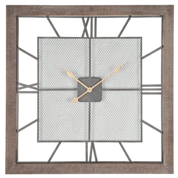 wood square frame wall hanging clock with a mesh clock face