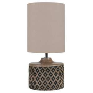 Short wooden lamp base with cream lampshade table lamp