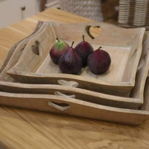 Set of 3 Square Carved Wooden Trays with Heart Detailing
