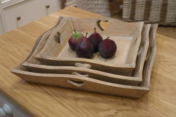 Set of 3 Square Carved Wooden Trays with Heart Detailing