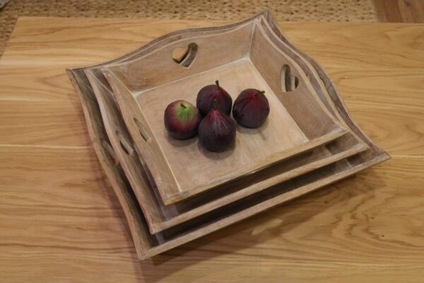 Set of 3 Square Heart Motif Light Wood, Wooden Trays