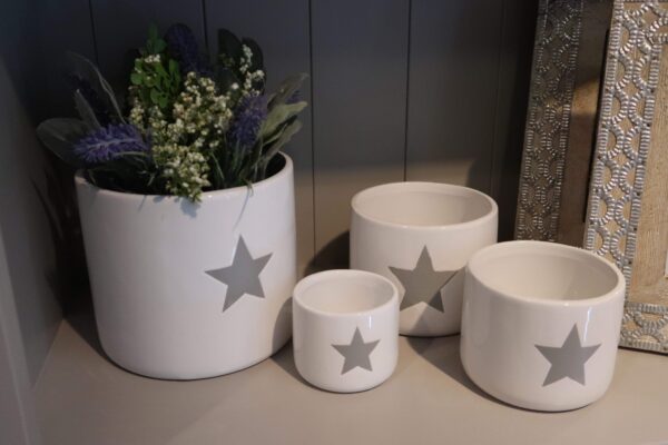 A set of 3 White ceramic plant pot with a grey star motif, varying sizes