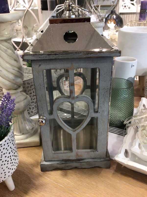 Grey Wooden and Metal Lantern with Heart detail