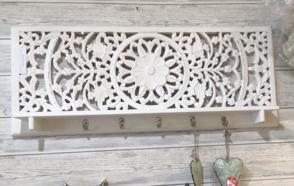 Rectangular Carved white washed wooden wall panel With shelf and 5 hooks