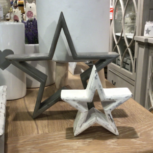 Set of 2 Mantelpiece Stars Larger star is grey and the smaller star is white