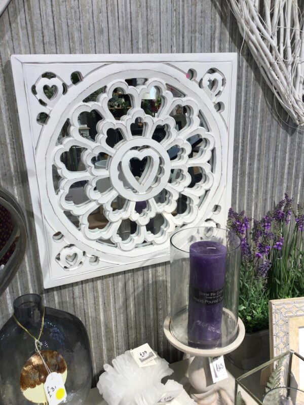 Distressed White wooden carved panel with heart motif