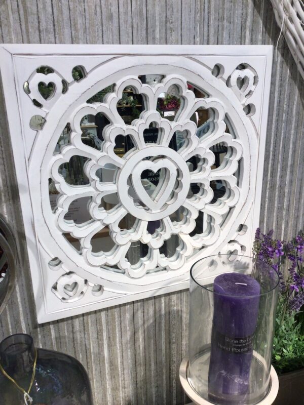 Distressed White wooden carved panel with heart motif