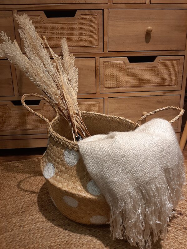 folding seagrass basket with white spot