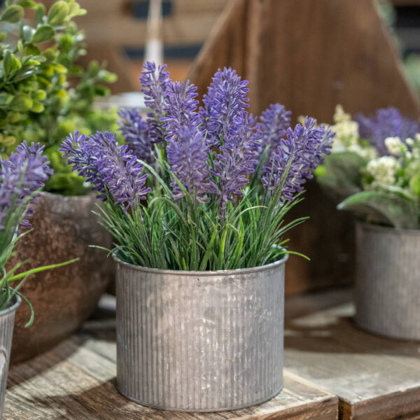 Faux lavender in a tin pot