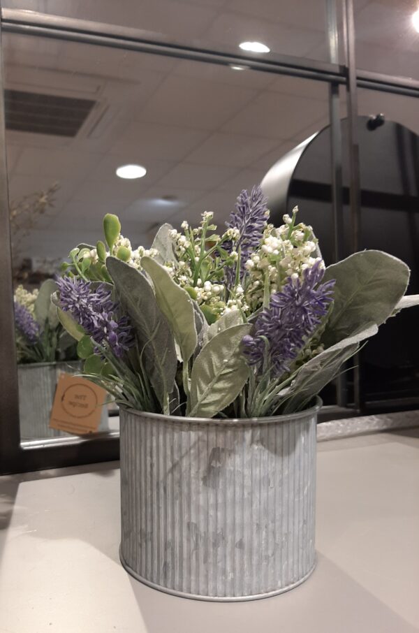 Faux lavender and Lily in a tin pot