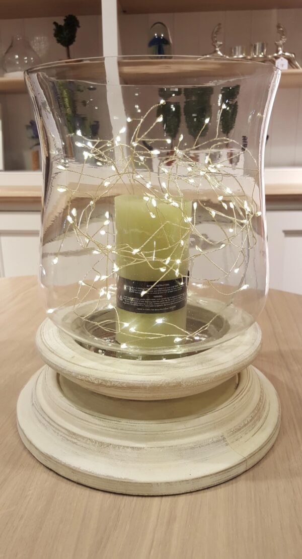 White washed wood and glass large hurricane vase