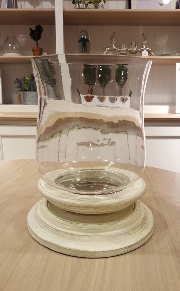 White washed wood and glass large hurricane vase