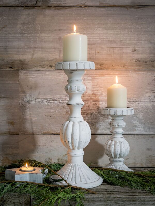 White Turned Wood Candlestick - Large and Small