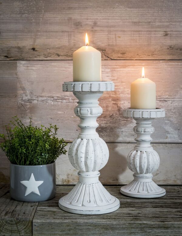White Turned Wood Candlestick - Medium and Small