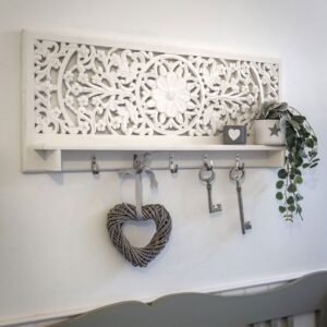 White Wood Carved Panel with Shelf and Hooks