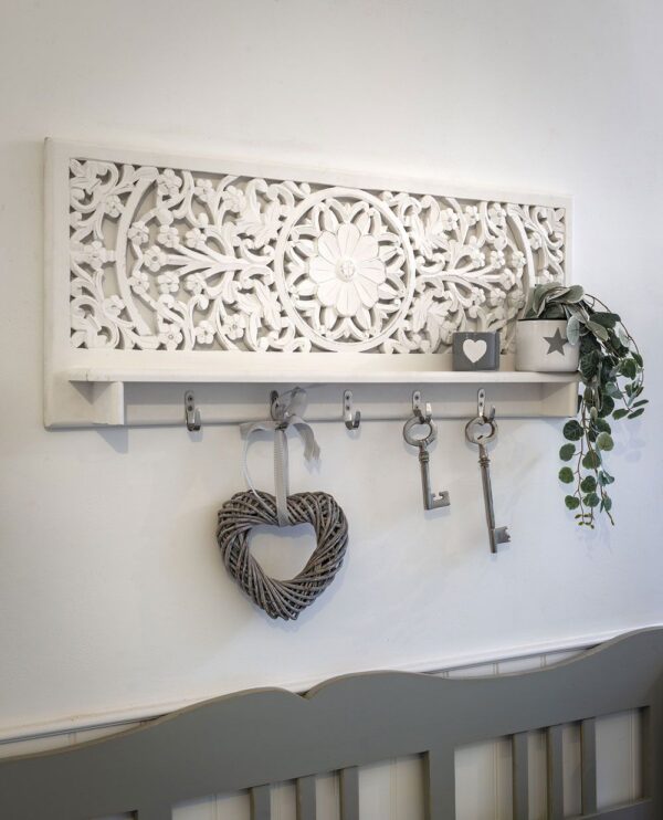 White Wood Carved Panel with Shelf and Hooks