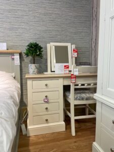 Single Pedestal Dressing Table with Single Swing Mirror and Ball Back Chair with upholstered seat